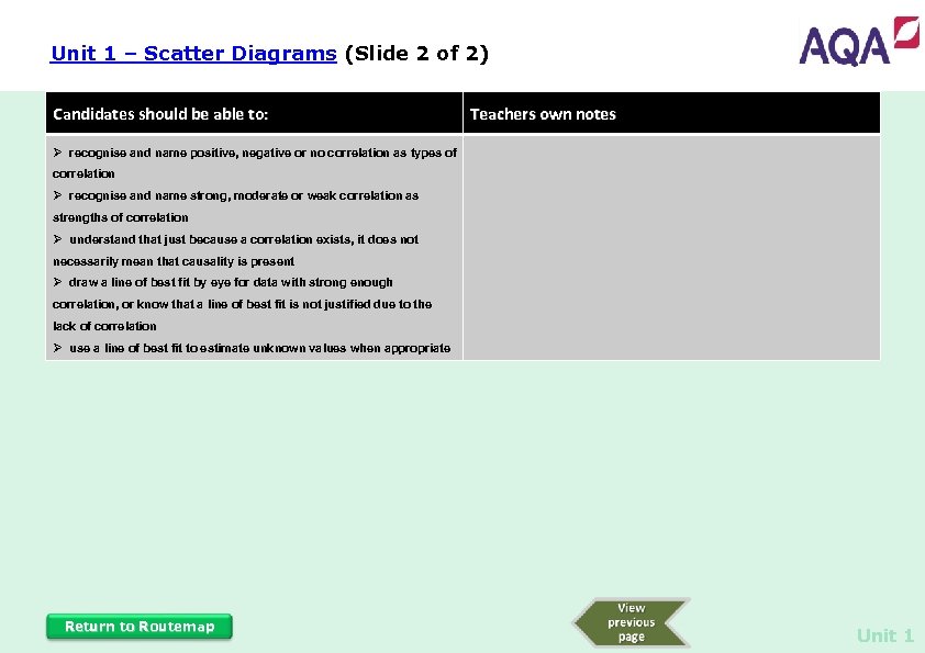 Unit 1 – Scatter Diagrams (Slide 2 of 2) Candidates should be able to: