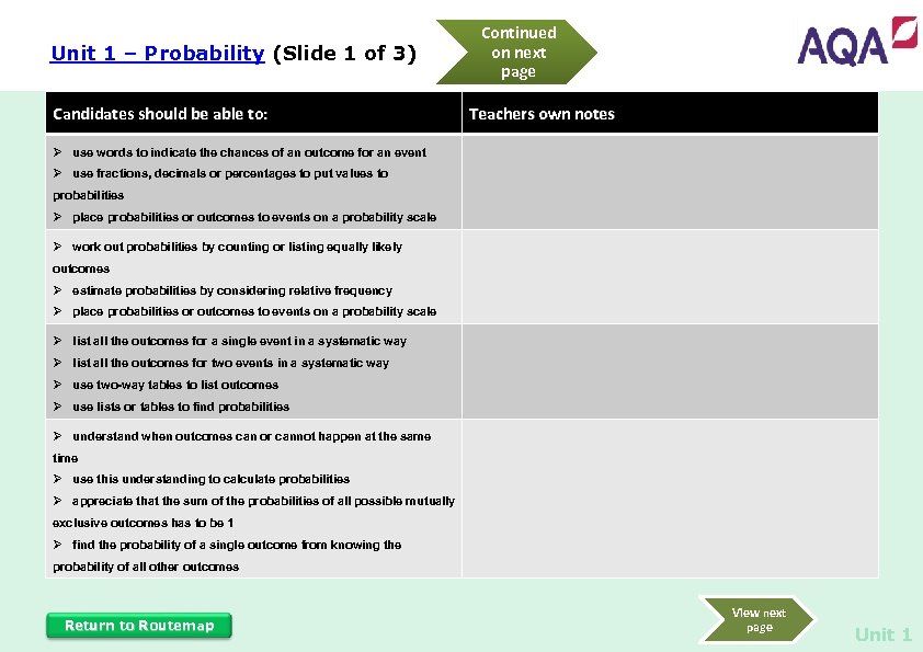 Unit 1 – Probability (Slide 1 of 3) Candidates should be able to: Continued