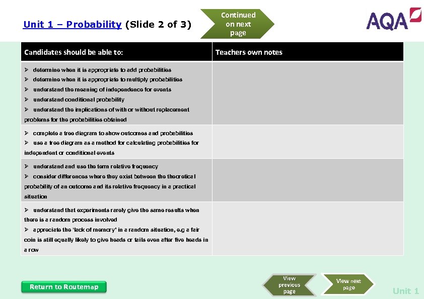 Unit 1 – Probability (Slide 2 of 3) Candidates should be able to: Continued