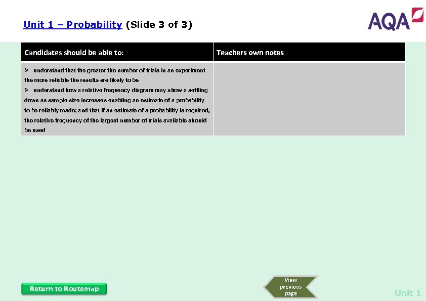 Unit 1 – Probability (Slide 3 of 3) Candidates should be able to: Teachers