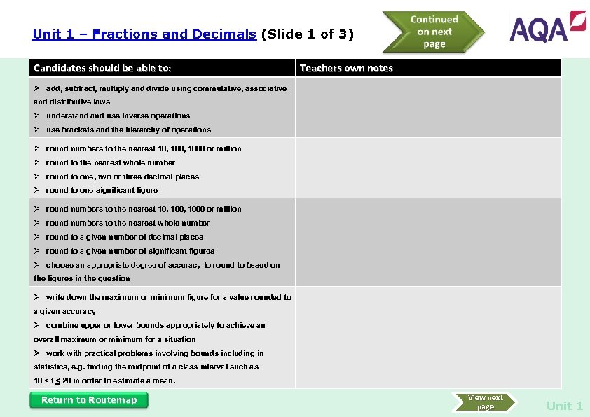Unit 1 – Fractions and Decimals (Slide 1 of 3) Candidates should be able