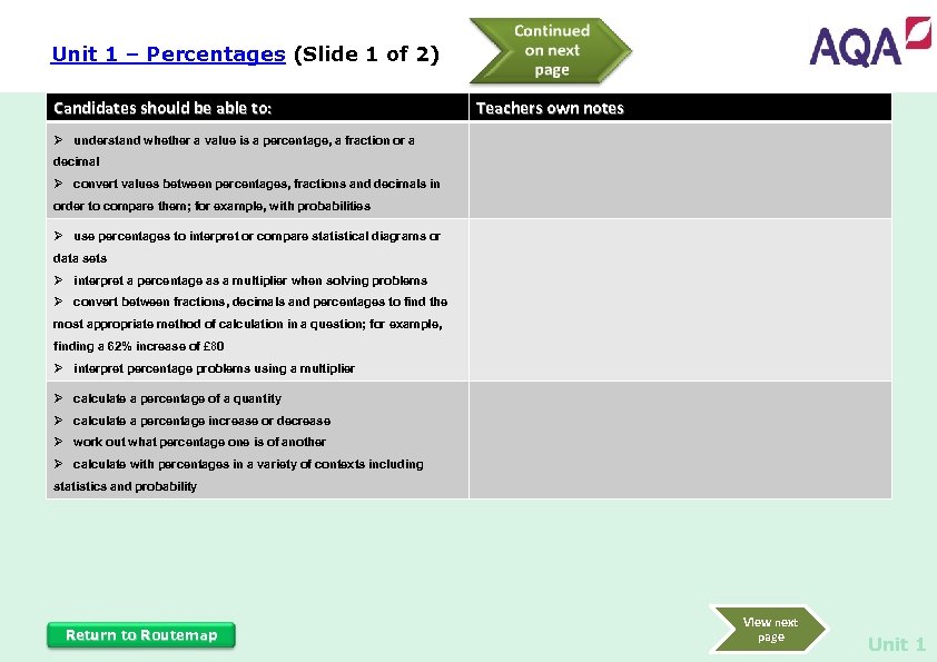 Unit 1 – Percentages (Slide 1 of 2) Candidates should be able to: Teachers