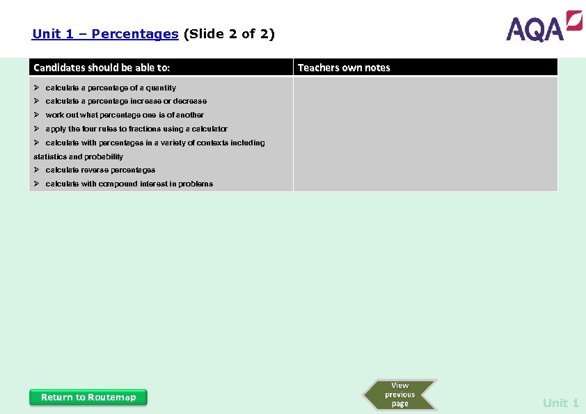 Unit 1 – Percentages (Slide 2 of 2) Candidates should be able to: Teachers
