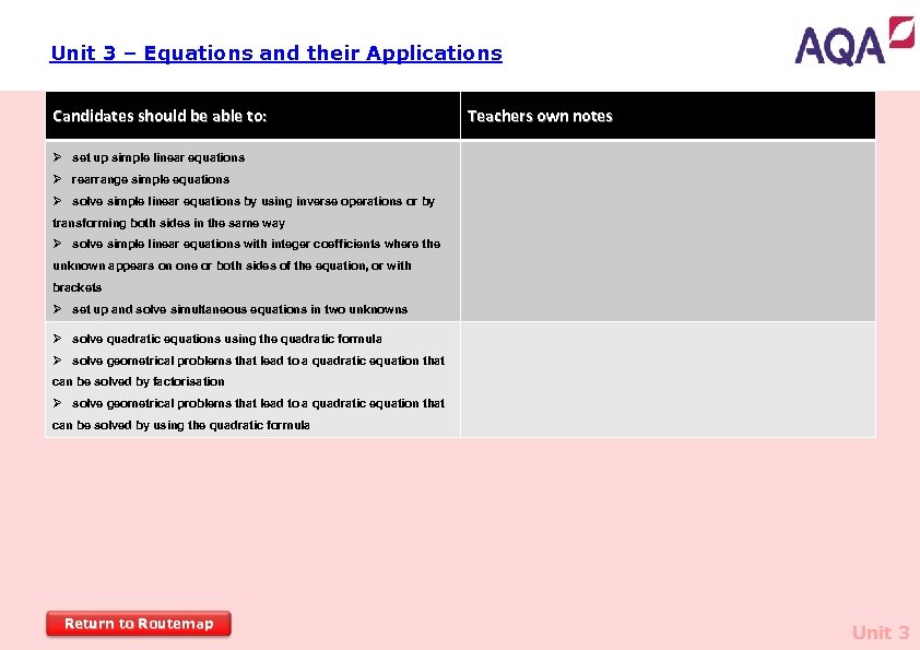 Unit 3 – Equations and their Applications Candidates should be able to: Teachers own