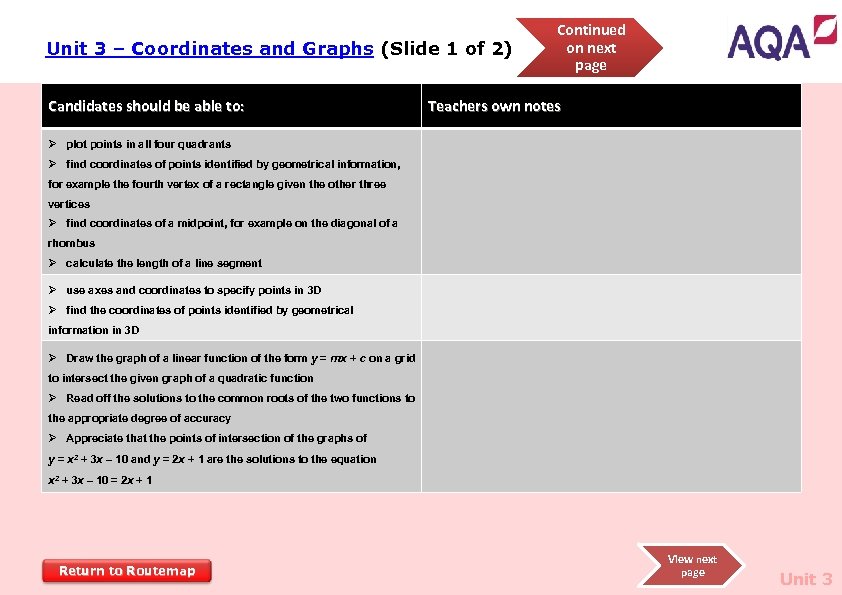 Unit 3 – Coordinates and Graphs (Slide 1 of 2) Candidates should be able
