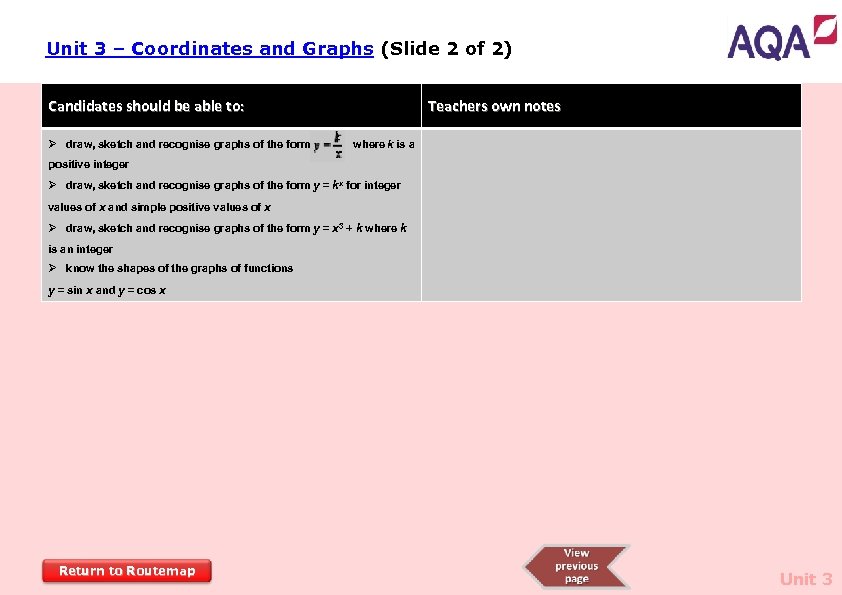 Unit 3 – Coordinates and Graphs (Slide 2 of 2) Candidates should be able
