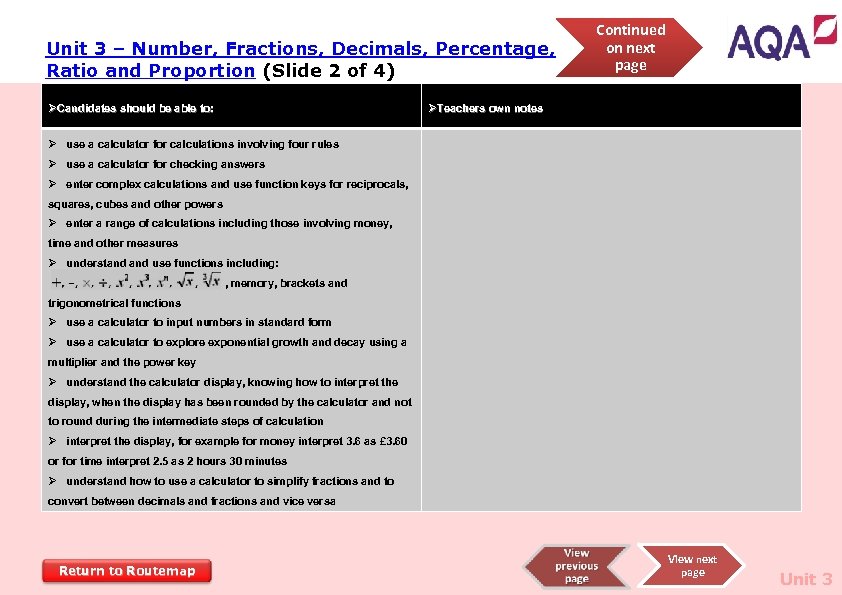 Unit 3 – Number, Fractions, Decimals, Percentage, Ratio and Proportion (Slide 2 of 4)