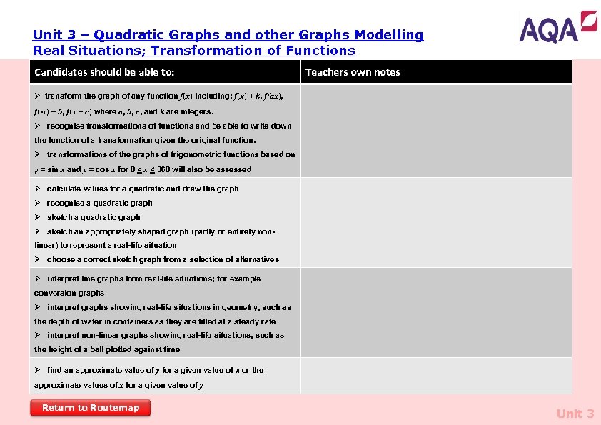 Unit 3 – Quadratic Graphs and other Graphs Modelling Real Situations; Transformation of Functions