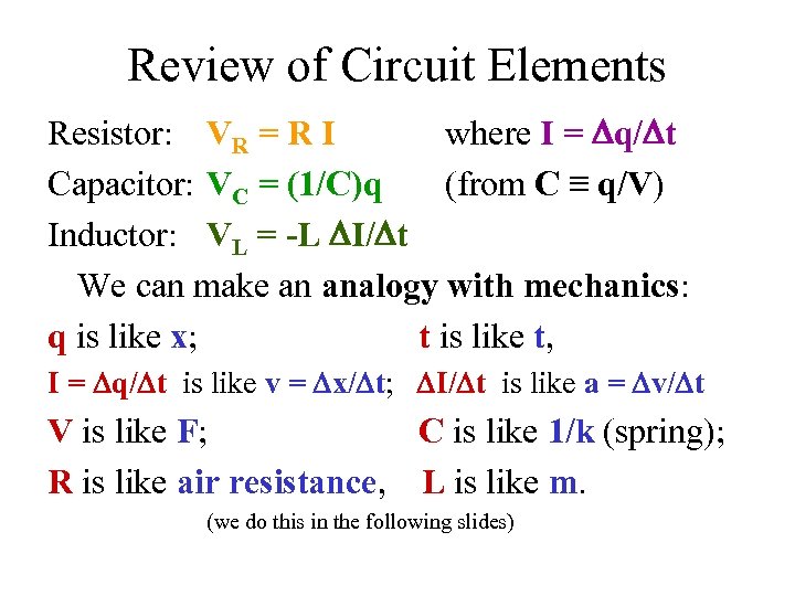 Review of Circuit Elements Resistor: VR = R I where I = Dq/Dt Capacitor: