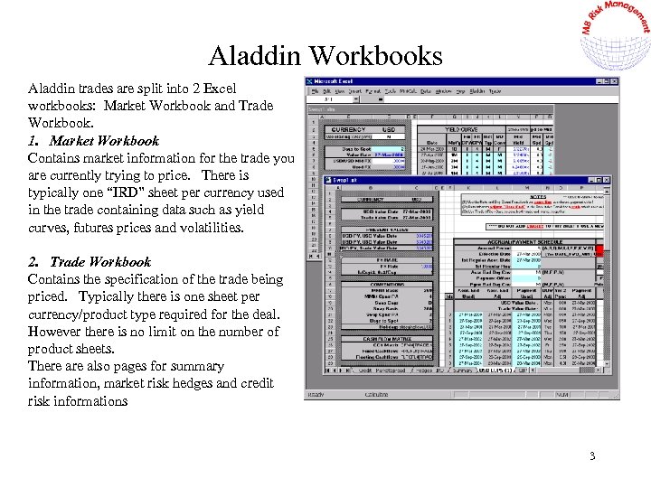 Aladdin Workbooks Aladdin trades are split into 2 Excel workbooks: Market Workbook and Trade