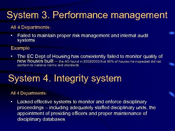 System 3. Performance management All 4 Departments: • Failed to maintain proper risk management