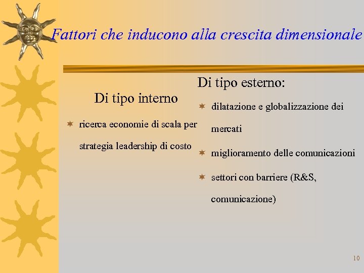 Fattori che inducono alla crescita dimensionale Di tipo interno ¬ ricerca economie di scala