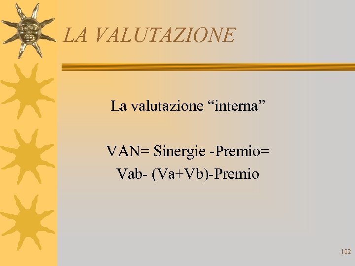 LA VALUTAZIONE La valutazione “interna” VAN= Sinergie -Premio= Vab- (Va+Vb)-Premio 102 
