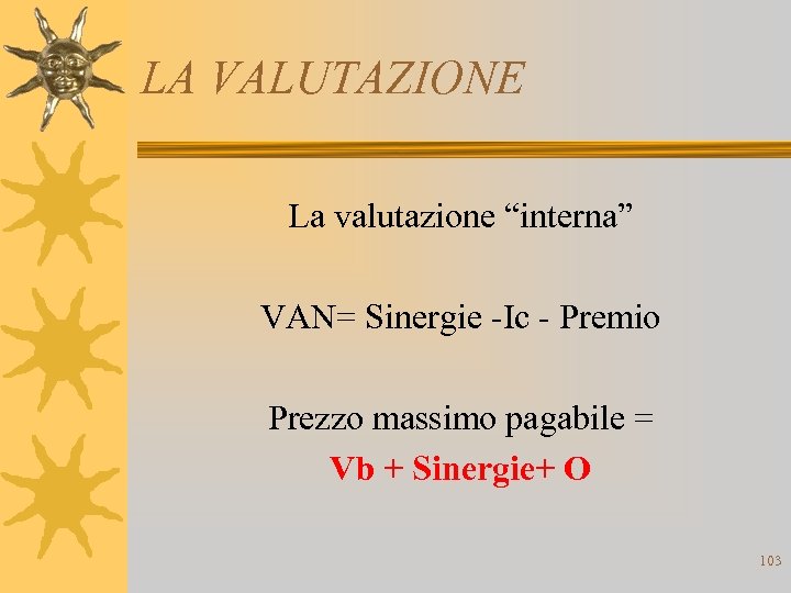 LA VALUTAZIONE La valutazione “interna” VAN= Sinergie -Ic - Premio Prezzo massimo pagabile =