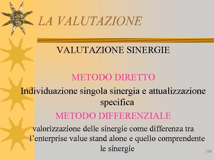 LA VALUTAZIONE SINERGIE METODO DIRETTO Individuazione singola sinergia e attualizzazione specifica METODO DIFFERENZIALE valorizzazione