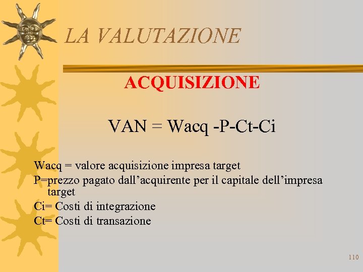 LA VALUTAZIONE ACQUISIZIONE VAN = Wacq -P-Ct-Ci Wacq = valore acquisizione impresa target P=prezzo