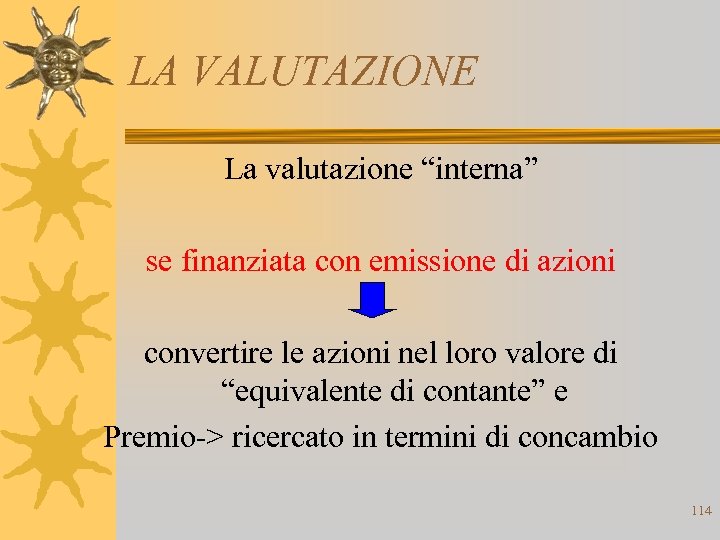 LA VALUTAZIONE La valutazione “interna” se finanziata con emissione di azioni convertire le azioni
