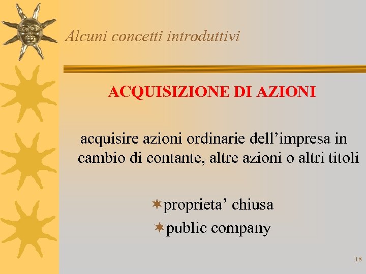 Alcuni concetti introduttivi ACQUISIZIONE DI AZIONI acquisire azioni ordinarie dell’impresa in cambio di contante,