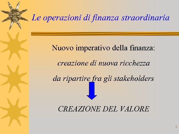 Le operazioni di finanza straordinaria Nuovo imperativo della finanza: creazione di nuova ricchezza da