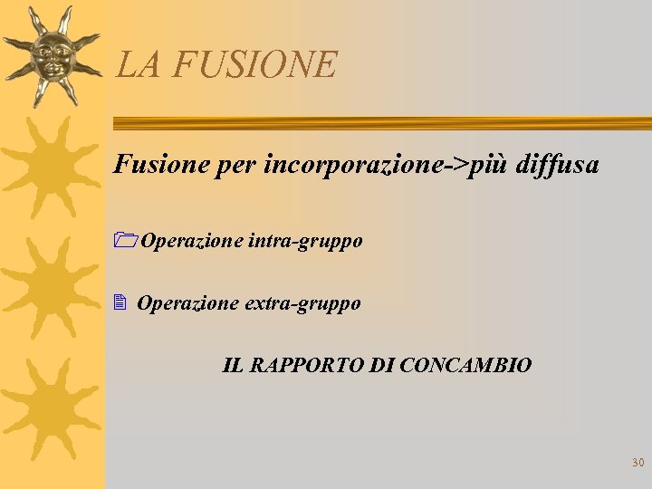 LA FUSIONE Fusione per incorporazione->più diffusa 1 Operazione intra-gruppo 2 Operazione extra-gruppo IL RAPPORTO