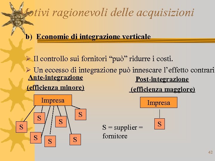 Motivi ragionevoli delle acquisizioni b) Economie di integrazione verticale Ø Il controllo sui fornitori