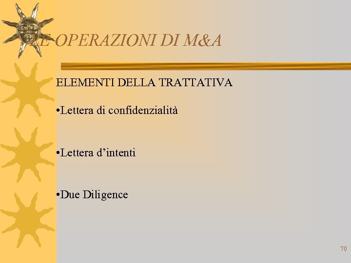 LE OPERAZIONI DI M&A ELEMENTI DELLA TRATTATIVA • Lettera di confidenzialità • Lettera d’intenti