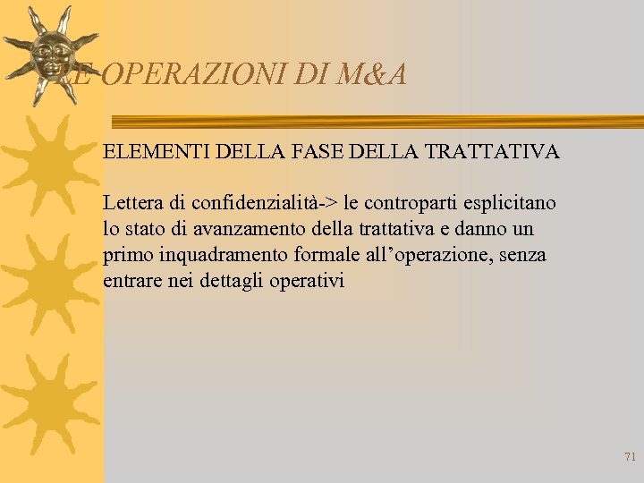 LE OPERAZIONI DI M&A ELEMENTI DELLA FASE DELLA TRATTATIVA Lettera di confidenzialità-> le controparti
