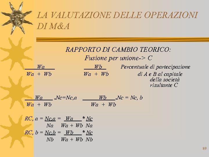LA VALUTAZIONE DELLE OPERAZIONI DI M&A RAPPORTO DI CAMBIO TEORICO: Fusione per unione-> C