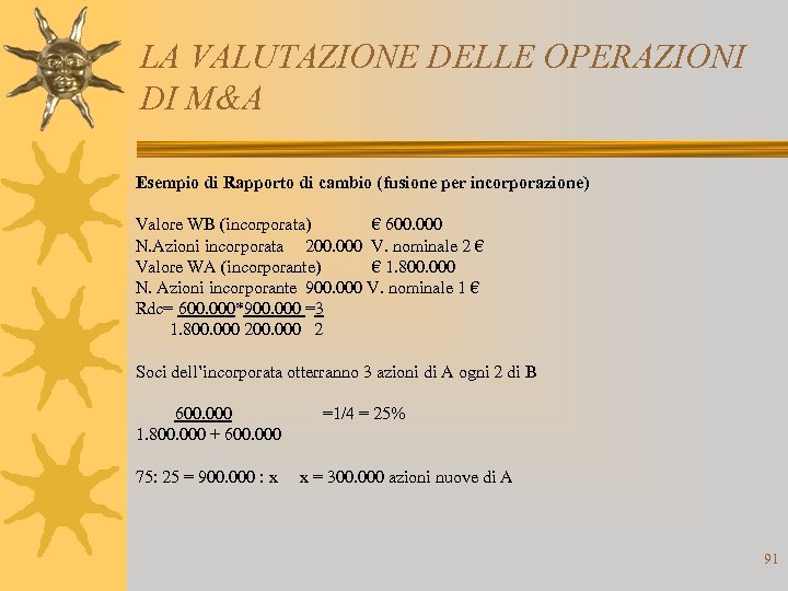 LA VALUTAZIONE DELLE OPERAZIONI DI M&A Esempio di Rapporto di cambio (fusione per incorporazione)