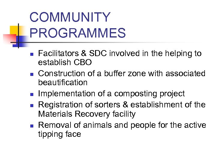 COMMUNITY PROGRAMMES n n n Facilitators & SDC involved in the helping to establish