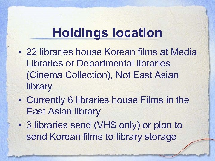 Holdings location • 22 libraries house Korean films at Media Libraries or Departmental libraries