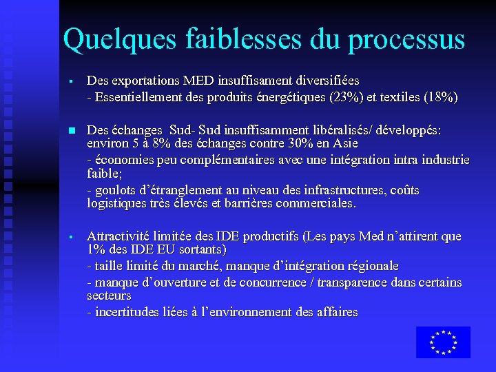 Quelques faiblesses du processus § Des exportations MED insuffisament diversifiées - Essentiellement des produits