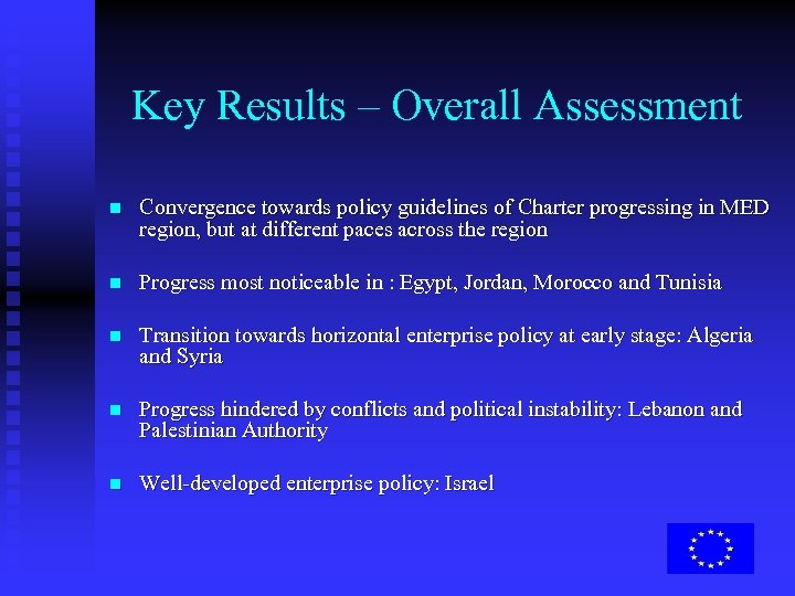 Key Results – Overall Assessment n Convergence towards policy guidelines of Charter progressing in