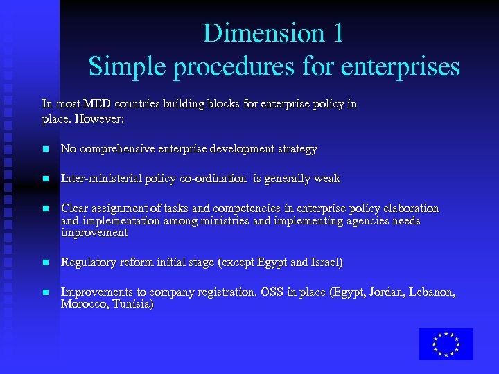 Dimension 1 Simple procedures for enterprises In most MED countries building blocks for enterprise