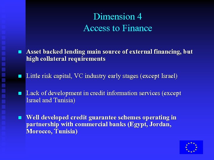 Dimension 4 Access to Finance n Asset backed lending main source of external financing,