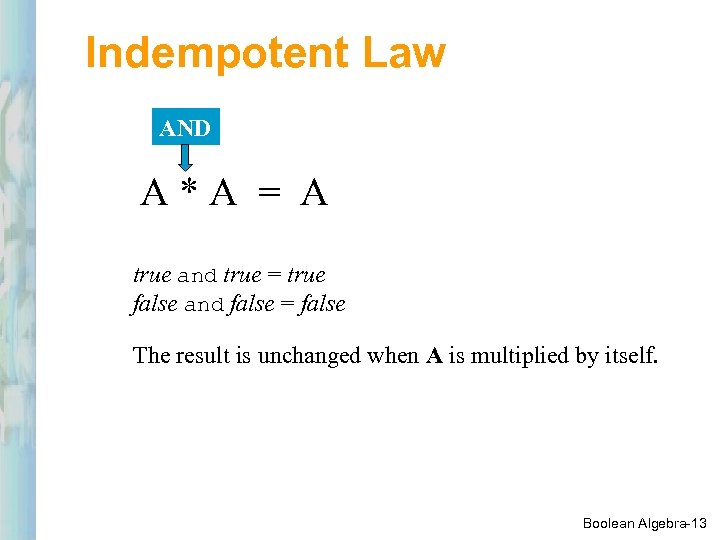 Indempotent Law AND A*A = A true and true = true false and false