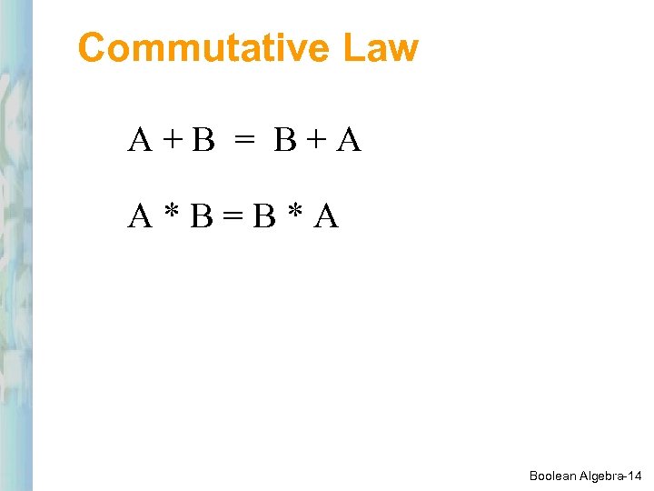 Commutative Law A+B = B+A A*B=B*A Boolean Algebra-14 