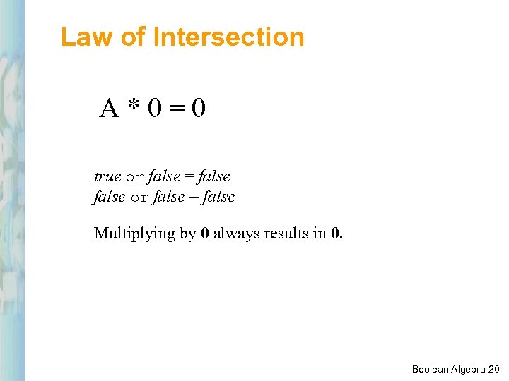 Law of Intersection A*0=0 true or false = false Multiplying by 0 always results