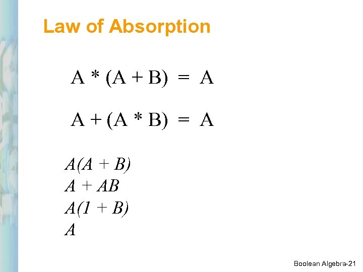 Law of Absorption A * (A + B) = A A + (A *