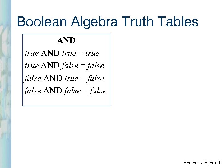 Boolean Algebra Truth Tables AND true = true AND false = false AND true