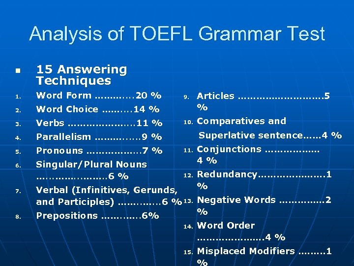 Analysis of TOEFL Grammar Test n 15 Answering Techniques 1. Word Form ………. .