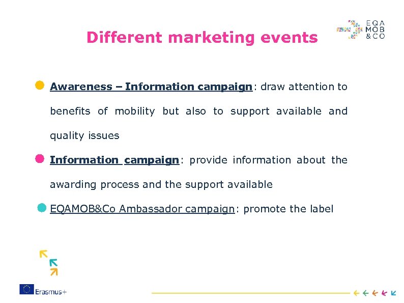 Different marketing events Awareness – Information campaign: draw attention to benefits of mobility but