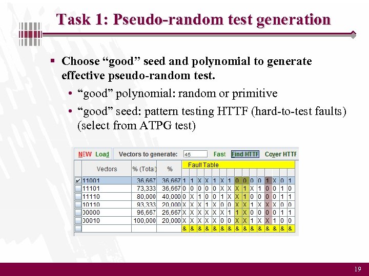 Task 1: Pseudo-random test generation § Choose “good” seed and polynomial to generate effective