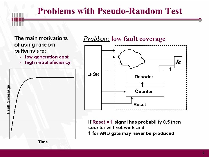 Problems with Pseudo-Random Test The main motivations of using random patterns are: Problem: low