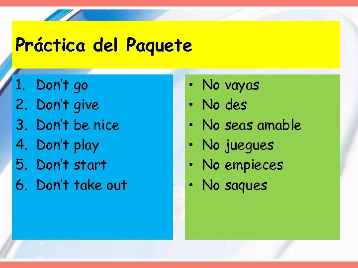 Práctica del Paquete 1. 2. 3. 4. 5. 6. Don’t go Don’t give Don’t