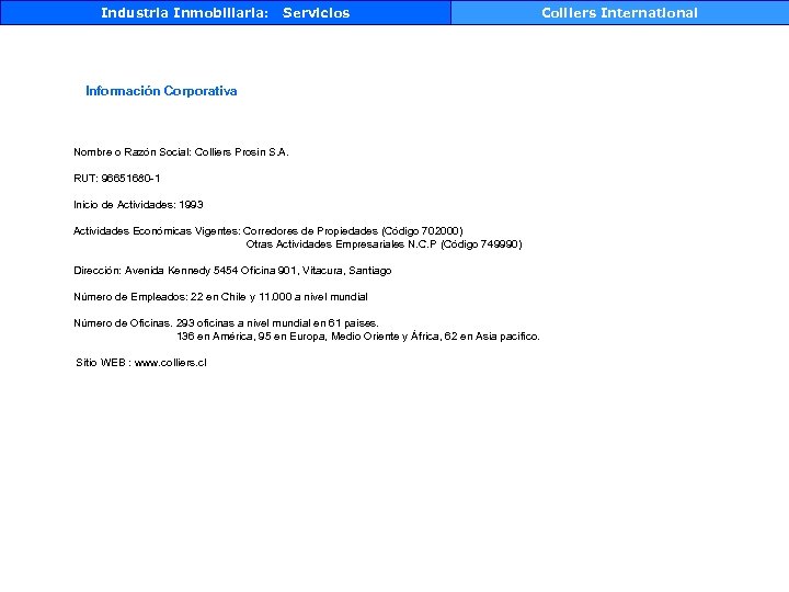 Industria Inmobiliaria: Servicios Información Corporativa Nombre o Razón Social: Colliers Prosin S. A. RUT: