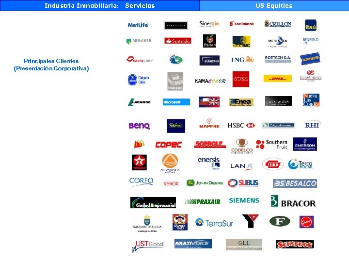 Industria Inmobiliaria: Principales Clientes (Presentación Corporativa) Servicios US Equities 