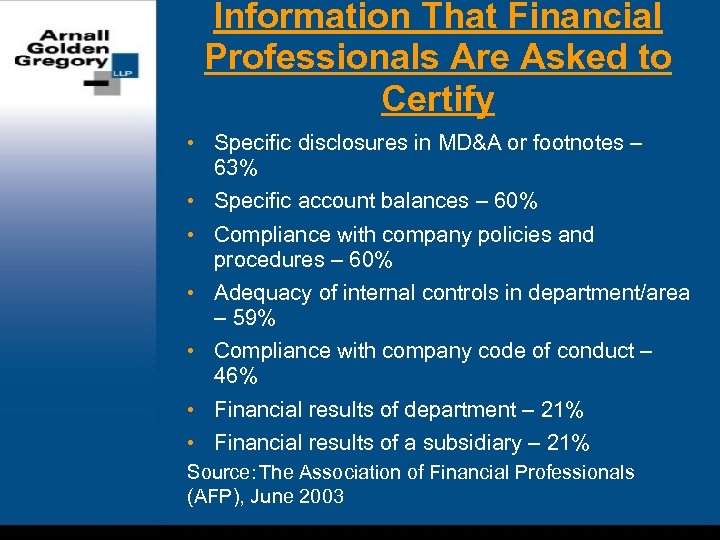 Information That Financial Professionals Are Asked to Certify • Specific disclosures in MD&A or
