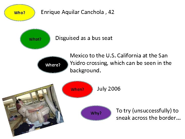 Who? Enrique Aquilar Canchola , 42 What? Disguised as a bus seat Where? Mexico