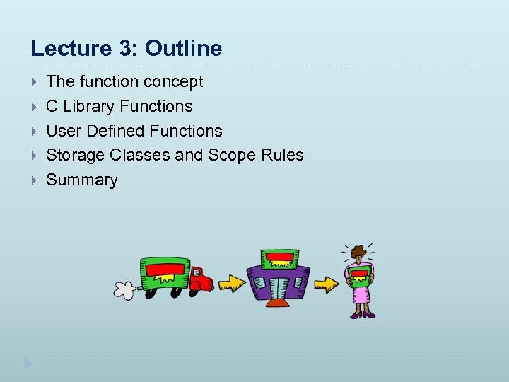 Lecture 3: Outline The function concept C Library Functions User Defined Functions Storage Classes